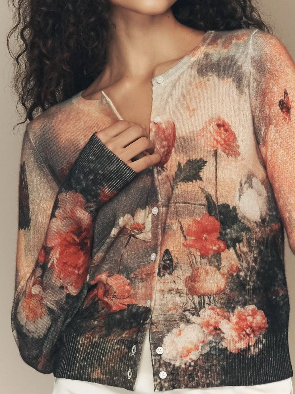 New ANTHROPOLOGIE Juliet Cashmere Cardigan Sweater S Floral Swan Print - Picture 2 of 5